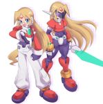  1boy bangs blonde_hair blue_eyes energy_blade energy_sword facial_mark forehead_mark full_body girouette glasses highres holding livemetal long_hair male_focus model_z omeehayo open_mouth pants robot_ears rockman rockman_zx simple_background standing sword weapon white_background white_pants 