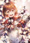  1girl :d blush brown_eyes brown_hair capelet fantasy highres looking_at_viewer open_mouth original outdoors sho_(sumika) short_hair short_twintails smile snowflakes snowman solo standing sweater twintails wide_sleeves 