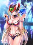  1girl android bikini blonde_hair blue_eyes bracelet breasts cleavage collarbone cowboy_shot cyber_elves genderswap genderswap_(mtf) gloves green_eyes helmet highres jewelry kiwakiwa large_breasts long_hair multicolored multicolored_bikini multicolored_clothes open_mouth parted_lips rock rockman rockman_zero solo_focus swimsuit untied untied_bikini very_long_hair x_(rockman) zero_(rockman) 