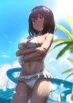  1girl ac_107 bikini black_hair blue_sky blush breasts brown_eyes clouds cowboy_shot frilled_bikini frills haguro_(kantai_collection) hair_ornament kantai_collection light_rays looking_at_viewer medium_breasts navel open_mouth outdoors palm_tree scrunchie short_hair sky solo standing sunbeam sunlight swimsuit tree water_slide white_bikini white_scrunchie wrist_scrunchie 