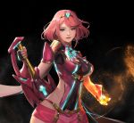  1girl bangs breasts covered_navel earrings fingerless_gloves fire gloves headpiece highres pyra_(xenoblade) jewelry large_breasts looking_at_viewer nintendo red_eyes red_shorts redhead short_hair shorts shoulder_armor smile solo sunkilow swept_bangs sword tiara weapon xenoblade_(series) xenoblade_2 