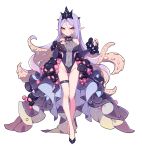  1girl black_nails breasts brown_eyes covered_navel crown detached_sleeves full_body highres ibex long_hair looking_at_viewer medium_breasts nail_polish original pointy_ears purple_hair purple_lips smile solo standing tentacle_hair thigh_strap white_background 