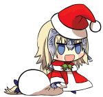  1girl :d absurdly_long_hair alternate_costume blonde_hair blush chibi christmas drawlightshinesweet fate/grand_order fate_(series) forehead_protector fur-trimmed_jacket fur_trim gift_bag hat holding holding_sack jacket jeanne_d&#039;arc_(fate) jeanne_d&#039;arc_(fate/apocrypha) long_hair long_sleeves meme padoru_(meme) pants sack santa_costume santa_hat smile solo very_long_hair 