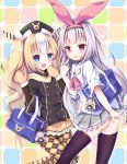  2girls alternate_costume azur_lane bag blonde_hair blue_eyes character_doll commentary_request gloves hair_ribbon hat highres hobby_(azur_lane) kalk_(azur_lane) karaage3 lavender_hair long_hair looking_at_viewer multicolored_hair multiple_girls open_mouth pantyhose red_eyes ribbon school_bag school_uniform thigh-highs tongue tongue_out v waving 