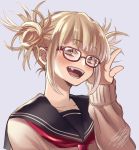  1girl :d adjusting_eyewear bangs bespectacled blonde_hair blunt_bangs blush boku_no_hero_academia brown_eyes collarbone double_bun fangs glasses looking_at_viewer messy_hair nanaminn open_mouth red-framed_eyewear school_uniform serafuku short_hair smile solo toga_himiko upper_body 