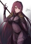  1girl absurdres blush bodysuit breasts covered_navel fate/grand_order fate_(series) gae_bolg gradient gradient_background hair_intakes highres holding holding_weapon ichikawayan large_breasts long_hair looking_at_viewer pauldrons polearm purple_bodysuit purple_hair red_eyes scathach_(fate)_(all) scathach_(fate/grand_order) shoulder_armor smile spear weapon 