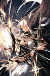  1girl arknights bangs black_cloak black_dress breasts cloak commentary cowboy_shot dress floating_hair head_tilt horns jewelry long_hair medium_breasts necklace open_mouth pointy_ears shining_(arknights) sidelocks silence_girl silver_hair solo staff very_long_hair wristband 