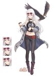  absurdres azur_lane bald_eagle bare_shoulders belt belt_pouch bird black_choker black_pants black_tank_top choker coat commentary_request cup eagle enterprise_(azur_lane) eyewear_on_head fur-trimmed_coat fur_trim grey_coat hair_between_eyes highres holding holding_cup jacky5493 logo navel open_clothes open_coat pants parka pouch sidelocks silver_hair violet_eyes watch watch 