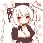  1girl azur_lane bangs black_bow black_choker black_dress black_ribbon blush bow breasts bunny_hair_ornament checkerboard_cookie choker cleavage collarbone cookie dress eyebrows_visible_through_hair food food_in_mouth hair_between_eyes hair_bow hair_ornament hair_ribbon happy_halloween laffey_(azur_lane) long_hair medium_breasts mouth_hold puffy_short_sleeves puffy_sleeves ribbon sakurato_ototo_shizuku short_sleeves simple_background solo squiggle twintails upper_body very_long_hair white_background white_hair 