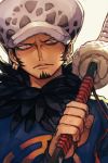  1boy black_hair earrings facial_hair goatee hankuri hat holding holding_weapon jewelry katana looking_at_viewer male_focus one_piece sheath sheathed simple_background solo sword trafalgar_law weapon white_background 