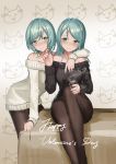 2girls arm_around_shoulder arm_support bang_dream! bangs bare_shoulders black_sweater blush bow braid brown_legwear closed_mouth collarbone commentary cup dress drinking_glass eyebrows_visible_through_hair fingernails green_eyes green_hair hair_between_eyes hair_bow happy_valentine heart hikawa_hina hikawa_sayo holding holding_cup long_hair multiple_girls nail_polish off-shoulder_sweater pantyhose red_nails siblings single_braid sisters sitting sleeves_past_wrists smile smoke standing sweater sweater_dress symbol_commentary twins white_sweater yellow_bow yurichtofen 