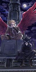  2boys animal_head beak black_cloak black_clothes black_footwear black_gloves black_hair black_legwear blonde_hair boku_no_hero_academia brown_eyes cloak clouds cloudy_sky coat feathered_wings feathers fur-trimmed_coat fur-trimmed_sleeves fur_collar fur_trim gloves goggles goggles_on_eyes hawks_(boku_no_hero_academia) headphones long_sleeves looking_at_another looking_down moon multiple_boys night night_sky outdoors red_eyes red_feathers red_wings shinomaru short_hair sitting sky spread_legs spread_wings tokoyami_fumikage wings winter_clothes winter_coat 