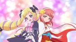 2girls :d back-to-back black_bow black_capelet blonde_hair blue_bow bow cape capelet drill_hair earrings elise_(fire_emblem_if) fire_emblem fire_emblem_if floating_hair hair_bow hairband hiyori_(rindou66) jewelry long_hair looking_at_viewer mahou_girls_precure! multiple_girls nintendo open_mouth parody pink_eyes precure redhead sakura_(fire_emblem_if) smile standing style_parody twin_drills twintails upper_body very_long_hair white_cape white_hairband 