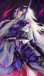  1girl absurdres armor armored_dress black_dress black_gloves breasts cowboy_shot dress eyebrows_visible_through_hair fate/grand_order fate_(series) fur_trim gauntlets gloves headpiece highres jeanne_d&#039;arc_(alter)_(fate) jeanne_d&#039;arc_(fate)_(all) large_breasts looking_at_viewer pengnangehao silver_hair solo sword weapon yellow_eyes 