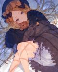  1girl abigail_williams_(fate/grand_order) black_dress black_hat blonde_hair bloomers blue_eyes bow dress fate/grand_order fate_(series) feet_out_of_frame hair_bow hat hotosoka_(user_nxja5583) long_hair long_sleeves looking_at_viewer lying object_hug on_side orange_bow polka_dot polka_dot_bow sleeves_past_wrists solo stuffed_animal stuffed_toy teddy_bear underwear white_bloomers 