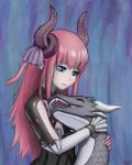  1girl 2018 absurdres artist_name blue_eyes blush closed_eyes dragon dragon_horns elizabeth_bathory_(fate) elizabeth_bathory_(fate)_(all) fate/grand_order fate_(series) highres horns hug klifflod long_hair looking_at_another looking_down pointy_ears scales sharp_teeth simple_background slit_pupils smile teeth very_long_hair western_dragon 