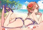  1girl alternate_hairstyle ass bandeau bare_legs beach bikini breasts brown_eyes brown_hair day dsmile flower frilled_bikini frills from_side hair_flower hair_ornament looking_at_viewer low_twintails lying misaka_mikoto on_stomach outdoors petals purple_bikini sandals short_twintails side-tie_bikini sideboob sketch small_breasts solo striped swimsuit to_aru_majutsu_no_index twintails vertical-striped_bikini vertical_stripes 