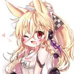  1girl animal_ears armband bare_shoulders blonde_hair blush bow braid breasts cat_ears checkered checkered_bow commentary_request eyebrows_visible_through_hair fang g41_(girls_frontline) girls_frontline hair_between_eyes hair_bobbles hair_bow hair_ornament highres honyang korean_commentary long_hair looking_at_viewer low-tied_long_hair low_twintails name_tag one_eye_closed open_mouth portrait purple_ribbon red_eyes ribbon school_swimsuit simple_background single_braid small_breasts smile solo sparkle swimsuit twintails white_background white_school_swimsuit white_swimsuit 