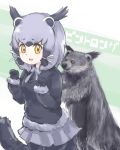  1girl animal_ears bangs binturong binturong_(kemono_friends) binturong_ears binturong_girl binturong_tail black_hair bow bowtie breasts commentary_request fur_trim furrowed_eyebrows gloves grey_fur grey_hair grey_neckwear grey_skirt hair_ribbon hands_up kemono_friends long_sleeves looking_at_viewer miniskirt multicolored_hair open_mouth pleated_skirt ribbon sidelocks skirt small_breasts solo tail tatsuno_newo tress_ribbon white_ribbon yellow_eyes 