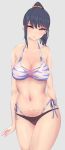 1girl bare_shoulders bikini black_bikini black_hair breasts collarbone commentary_request curvy earrings jewelry large_breasts long_hair looking_at_viewer navel_piercing nikuku_(kazedesune) parted_lips piercing solo ssss.gridman swimsuit takarada_rikka tatoo thick_thighs thighs wide_hips 