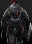  1boy armor black_background buckler clenched_hand commentary_request full_armor fur_collar fur_trim glowing glowing_eye goblin_slayer goblin_slayer! helmet highres holding holding_sword holding_weapon knight looking_at_viewer plume red_eyes shield simple_background solo standing sword v_r_dragon01 weapon 