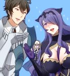  armor black_armor breasts brown_hair camilla_(fire_emblem_if) female_my_unit_(fire_emblem_if) fire_emblem fire_emblem:_kakusei fire_emblem_if fire_emblem_musou frederik_(fire_emblem) hair_over_one_eye large_breasts long_hair mejiro my_unit_(fire_emblem_if) nintendo open_mouth purple_hair short_hair smile very_long_hair violet_eyes wavy_hair 