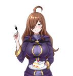  ahoge blush breasts brown_hair cake cleavage closed_eyes cross food fork hair_over_one_eye highres kono_subarashii_sekai_ni_shukufuku_wo! large_breasts long_hair plate simple_background smile the_only_shoe wiz_(konosuba) 