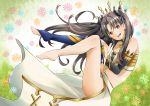  1girl :d asymmetrical_legwear asymmetrical_sleeves barefoot black_bow black_sleeves blue_legwear bow bra breasts brown_hair cape choker cleavage detached_sleeves diadem eyebrows_visible_through_hair fate/grand_order fate_(series) floating_hair full_body hair_bow ishtar_(fate/grand_order) long_hair long_sleeves looking_at_viewer medium_breasts open_mouth orange-color red_eyes shiny shiny_hair single_sleeve single_thighhigh smile solo striped striped_bra thigh-highs twintails underwear very_long_hair waist_cape white_cape 