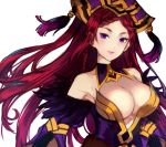  1girl braid breasts cleavage detached_collar earrings fire_emblem fire_emblem_heroes hat jewelry jurge large_breasts loki_(fire_emblem_heroes) long_hair nintendo purple_hair simple_background solo upper_body violet_eyes white_background 
