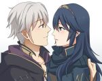  1boy 1girl blue blue_hair blush brown_hairband collarbone couple eye_contact eyes fire_emblem fire_emblem:_kakusei from_side hairband long_hair looking_at_another looking_at_viewer lucina male_my_unit_(fire_emblem:_kakusei) mejiro my_unit_(fire_emblem:_kakusei) nintendo parted_lips silver_hair simple_background smile upper_body white_background 