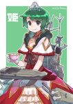  1girl adapted_costume antennae bangs brown_eyes cannon cowboy_shot cup dress gloves green_background green_hair kantai_collection machinery mogami_(kantai_collection) mogamiya_honu princess red_dress short_hair smokestack solo swept_bangs teacup tiara tray turret white_gloves 