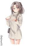  1girl alternate_costume bag blush brown_eyes closed_mouth dress ebifurya highres kantai_collection light_brown_hair long_hair looking_at_viewer simple_background solo sweater white_background zuihou_(kantai_collection) 
