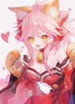  1girl animal_ear_fluff animal_ears bangs bare_shoulders bell bell_collar blush breasts cat_paws claws cleavage collar collarbone commentary_request detached_sleeves fangs fate/grand_order fate_(series) fox_ears fox_girl fox_tail gloves hair_between_eyes hair_ribbon hands_up heart highres japanese_clothes jingle_bell kimono leaning_forward looking_at_viewer maccha_(mochancc) medium_breasts obi off_shoulder open_mouth paw_gloves paw_pose paws pink_hair ponytail red_collar red_kimono red_ribbon ribbon sash sidelocks simple_background smile solo sparkle star strapless tail tamamo_(fate)_(all) tamamo_cat_(fate) twitter_username wide_sleeves yellow_eyes 