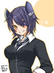  0yukiya0 1girl bangs blush breasts character_request checkered checkered_neckwear collared_shirt commentary_request dated dress_shirt eyebrows_visible_through_hair eyepatch eyes_visible_through_hair grin headgear highres kantai_collection large_breasts long_sleeves looking_at_viewer necktie neon_trim purple_eyepatch purple_hair shirt short_hair signature sketch_eyebrows smile solo unmoving_pattern upper_body white_shirt wing_collar yellow_eyes 