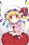  1girl :o ascot bangs blonde_hair blush flandre_scarlet frilled_skirt frills gradient gradient_background grey_background hat hat_ribbon head_tilt kapuchii long_hair looking_at_viewer mob_cap object_hug puffy_short_sleeves puffy_sleeves red_eyes red_ribbon red_skirt red_vest ribbon shirt short_sleeves side_ponytail skirt skirt_set solo stuffed_animal stuffed_bunny stuffed_toy touhou vest white_background white_hat white_shirt wings yellow_neckwear 