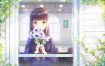  1girl anemone_(flower) bangs blue_shirt blurry blurry_background blush brown_eyes brown_hair chair closed_mouth commentary day depth_of_field english_commentary flower from_outside holding holding_flower long_hair long_sleeves lunacle original red_neckwear sailor_collar school_uniform serafuku shirt smile solo sunlight table upper_body very_long_hair white_sailor_collar window 