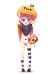  1girl :d absurdres arms_up asymmetrical_legwear bangs black_cape black_footwear blue_eyes blush bow bow_panties brown_ribbon candy candy_wrapper cape eyebrows_visible_through_hair food full_body hair_ribbon halloween halloween_basket highres kneehighs kuwada_yuuki lollipop looking_at_viewer mary_janes multicolored multicolored_cape multicolored_clothes navel open_mouth orange_cape original panties pink_hair platform_footwear pumpkin_hat ribbon shoes short_hair single_kneehigh single_thighhigh smile solo standing striped striped_legwear swirl_lollipop thigh-highs two_side_up underwear white_background white_panties 