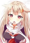  1girl blonde_hair eyebrows_visible_through_hair gradient_hair hair_ornament hairclip highres hizaka kantai_collection long_hair multicolored_hair neckerchief open_mouth red_eyes red_neckwear remodel_(kantai_collection) scarf school_uniform simple_background solo straight_hair very_long_hair white_background white_scarf yuudachi_(kantai_collection) 