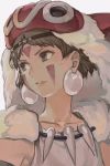  1girl brown_eyes brown_hair collarbone earrings facepaint facial_mark fur hankuri headband jewelry lips looking_to_the_side mask mononoke_hime necklace san short_hair simple_background solo white_background 