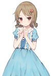  1girl 3: blue_dress brown_hair dress drill_hair eyebrows_visible_through_hair flower frills frown hair_flower hair_ornament hairclip hands_together hands_up highres idolmaster idolmaster_cinderella_girls long_dress long_hair looking_at_viewer morikubo_nono puffy_short_sleeves puffy_sleeves shone short_sleeves simple_background solo white_background 