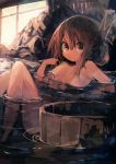  1girl absurdres bangs bathing breasts brown_eyes brown_hair bucket commentary folded_ponytail hair_between_eyes hand_on_own_shoulder highres inazuma_(kantai_collection) kaamin_(mariarose753) kantai_collection looking_at_viewer night onsen outdoors partially_submerged sitting small_breasts solo water 