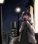  1girl belt belt_buckle black_belt blush brown_coat brown_hair brown_skirt buckle building coat commentary_request covered_mouth doran_(dorannomai) double_bun grey_skirt hands_up highres idolmaster idolmaster_shiny_colors lamppost long_hair mittens night night_sky open_clothes open_coat outdoors red_eyes red_mittens side_bun skirt sky skyscraper solo sonoda_chiyoko twintails 