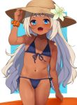  1girl :o bikini blue_bikini blue_eyes dark_skin fang flat_chest flower hai_ookami hand_up hat hat_flower long_hair looking_at_viewer navel orange_scrunchie original scrunchie solo standing sun_hat swimsuit tan white_hair wrist_scrunchie 