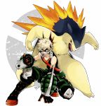  1boy bakugou_katsuki black_footwear black_gloves boku_no_hero_academia boots creatures_(company) dandel domino_mask explosive game_freak gen_2_pokemon gloves grenade light_brown_hair looking_at_viewer mask nintendo open_mouth pokemon red_eyes squatting typhlosion 