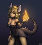  1girl 2018 absurdres artist_name bare_legs black_collar black_dress blonde_hair blue_background blue_eyes bowsette bracelet breasts cleavage collar collarbone crown dragon_horns dragon_tail dress fingernails fire hand_on_leg highres horns jewelry klifflod large_breasts looking_at_viewer super_mario_bros. navel new_super_mario_bros._u_deluxe nintendo see-through sharp_fingernails sharp_teeth short_hair simple_background slit_pupils smile solo spiked_armlet spiked_bracelet spiked_collar spiked_tail spikes strapless strapless_dress super_crown tail teeth thighs 