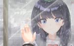  1girl bangs black_hair blue_eyes blush bow bowtie closed_mouth clouds cloudy_sky collared_shirt commentary_request eyebrows_visible_through_hair head_tilt highres indoors long_hair long_sleeves overcast portrait rain red_neckwear reflection shirt sky solo ssss.gridman synn032 takarada_rikka tears white_shirt window 