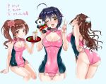  3girls adjusting_clothes ahoge ass back bangs bare_shoulders black_hair black_swimsuit blue_background blush braid breasts brown_eyes brown_hair bun_cover cleavage cleavage_cutout covered_navel drink flower flying_sweatdrops futou_ryouko hair_between_eyes hair_bun hair_flower hair_ornament hand_gesture hips idolmaster idolmaster_cinderella_girls igarashi_kyouko kohinata_miho large_breasts long_hair looking_at_viewer looking_back medium_breasts multiple_girls one_eye_closed one_side_up open_mouth panda pink_check_school pink_swimsuit shimamura_uzuki shiny shiny_hair short_braid short_hair side_braids side_ponytail simple_background sitting smile stuffed_animal stuffed_toy swimsuit thighs tray twin_braids two-tone_swimsuit v waist 