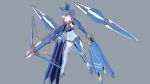  1girl alice_gear_aegis bangs blue_footwear blue_hair blue_legwear blue_leotard blush boots bow_(weapon) commentary_request crossbow eyebrows_visible_through_hair full_body grey_background head_tilt headgear high_heel_boots high_heels high_ponytail holding holding_weapon leotard maze_(gochama_ze_gohan) mecha_musume parted_lips ponytail sidelocks simple_background solo takanashi_rei thigh-highs thigh_boots violet_eyes weapon 