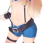  13o 1girl arm_behind_back black_gloves blonde_hair blue_nails blue_shorts close-up cowboy_shot fingerless_gloves fingernails gloves himehina_channel long_hair nail_polish navel open_fly panties short_shorts shorts simple_background solo stomach suspender_shorts suspenders suspenders_pull suzuki_hina thigh_strap underwear virtual_youtuber white_background white_panties 