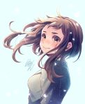  1girl blush boku_no_hero_academia brown_eyes brown_hair grey_jacket jacket looking_at_viewer looking_back nanaminn petals short_hair_with_long_locks signature smile solo upper_body uraraka_ochako 